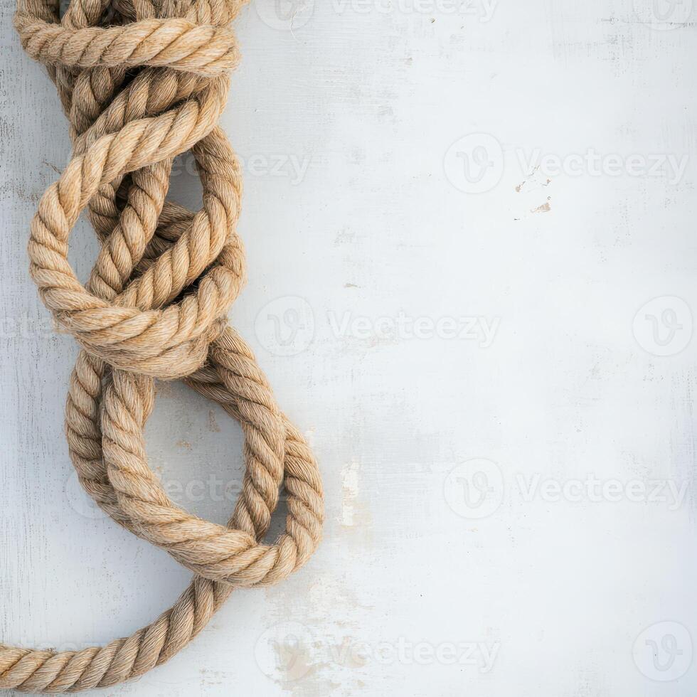 Twisted natural rope resting on a light background photo