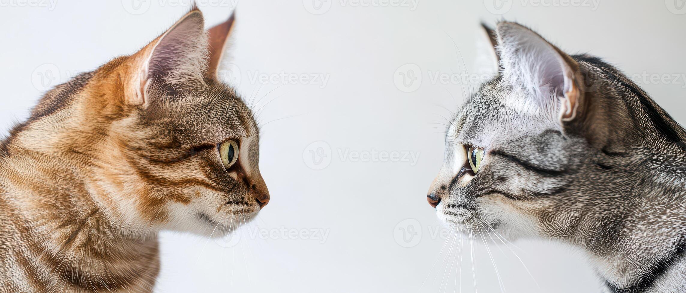 Two cats facing each other in a calm setting photo