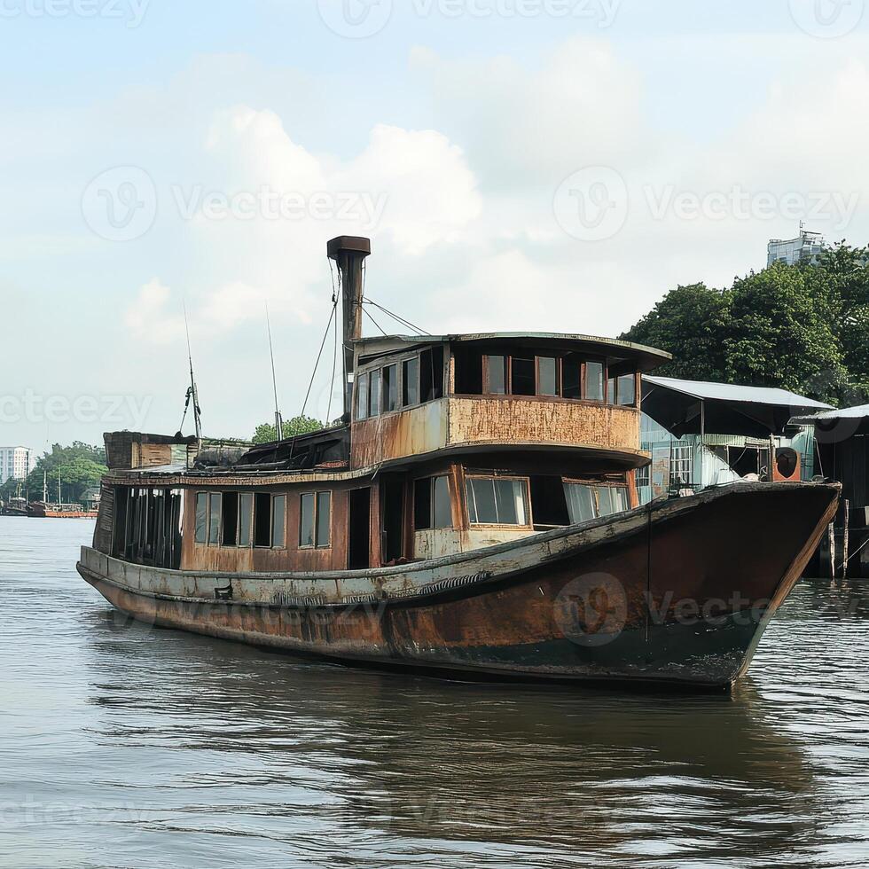 Old wooden boat floating on calm water in city photo