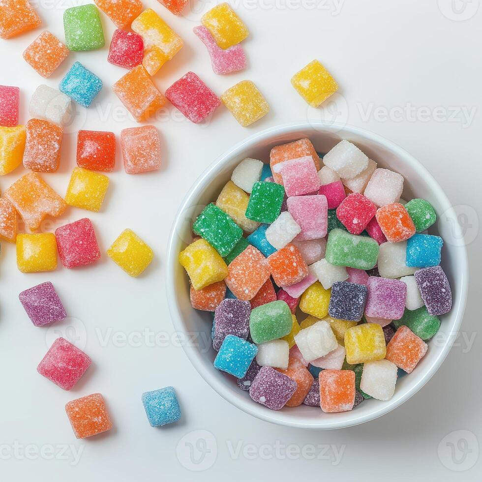 Colorful candy squares in a bowl on a table photo