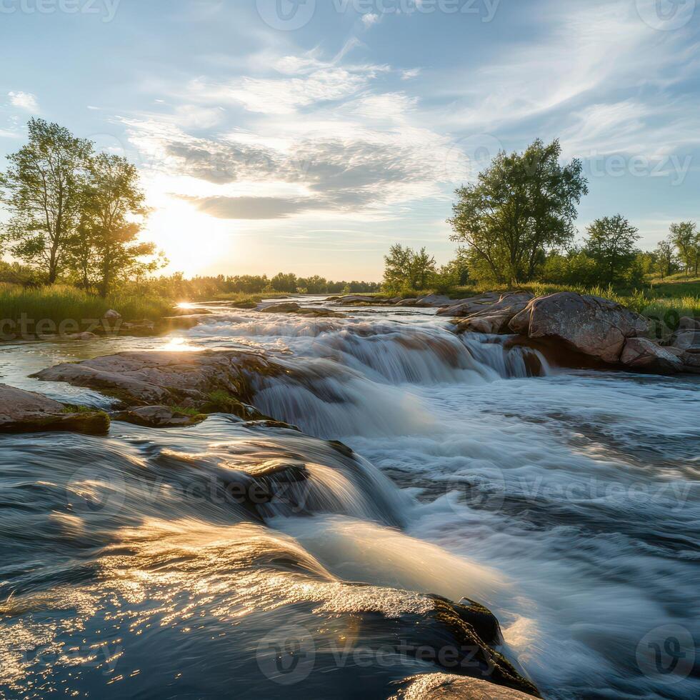 Serene sunset by a tranquil waterfall photo