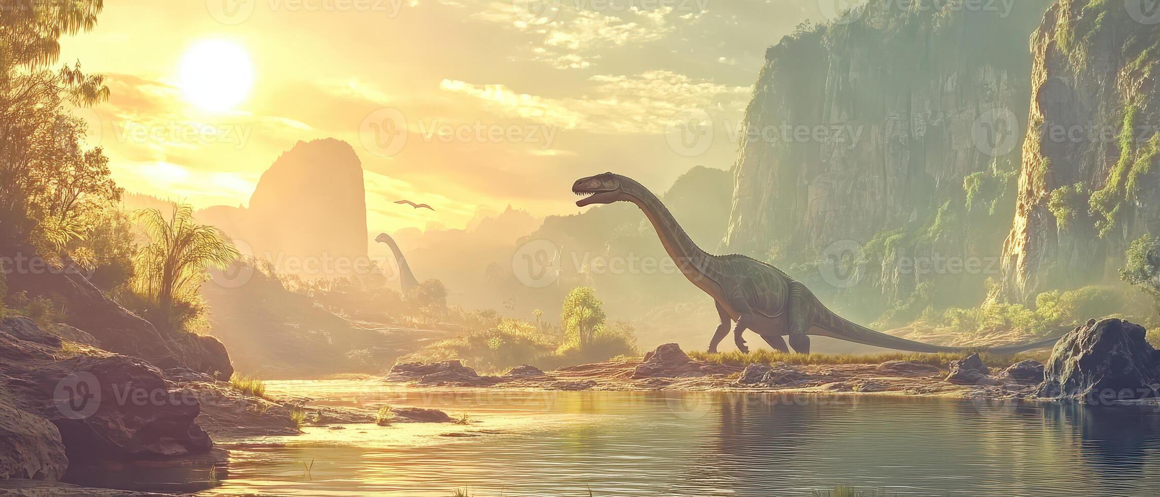 Dinosaurs walk along a serene river at sunset photo