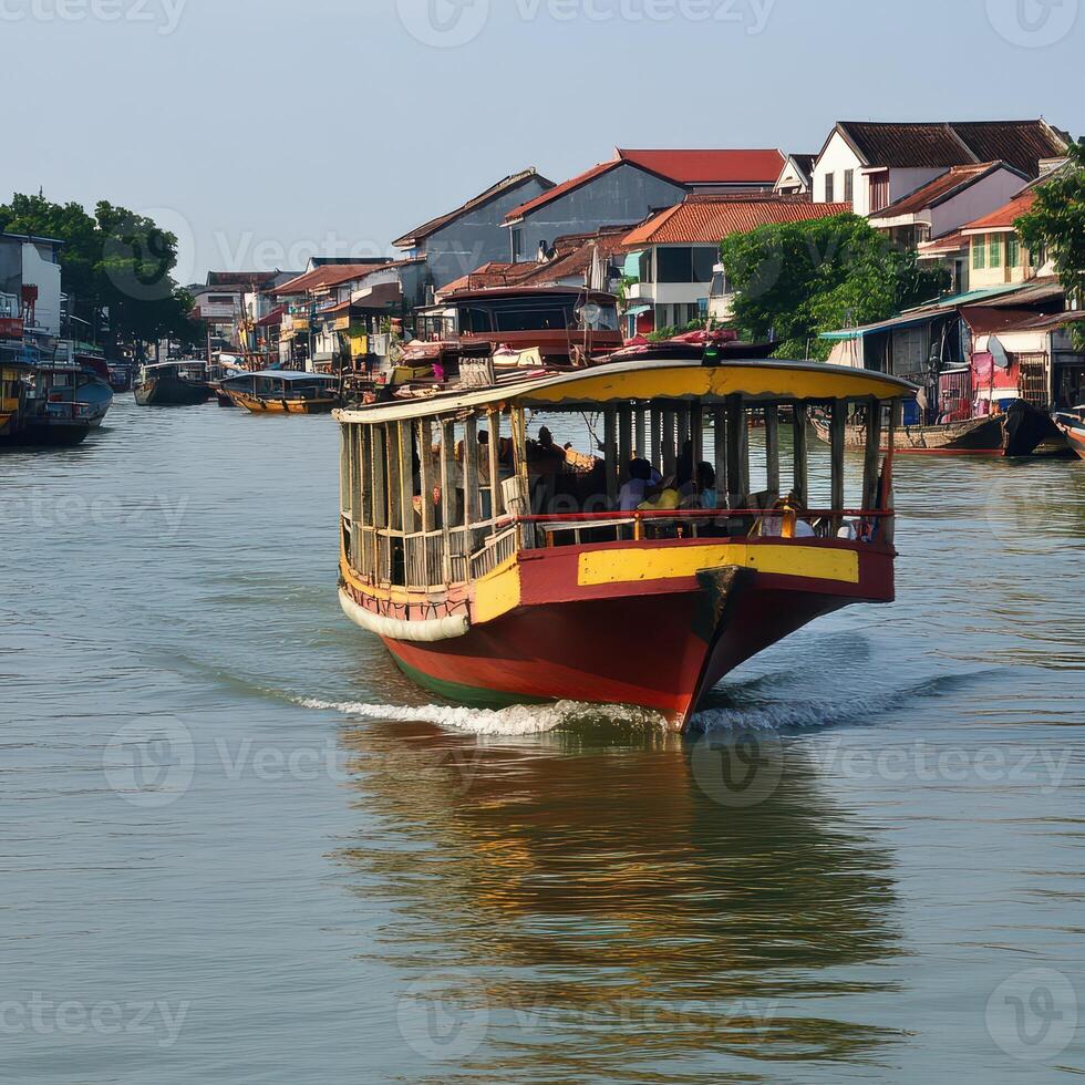 Colorful boat cruising in a serene waterway photo