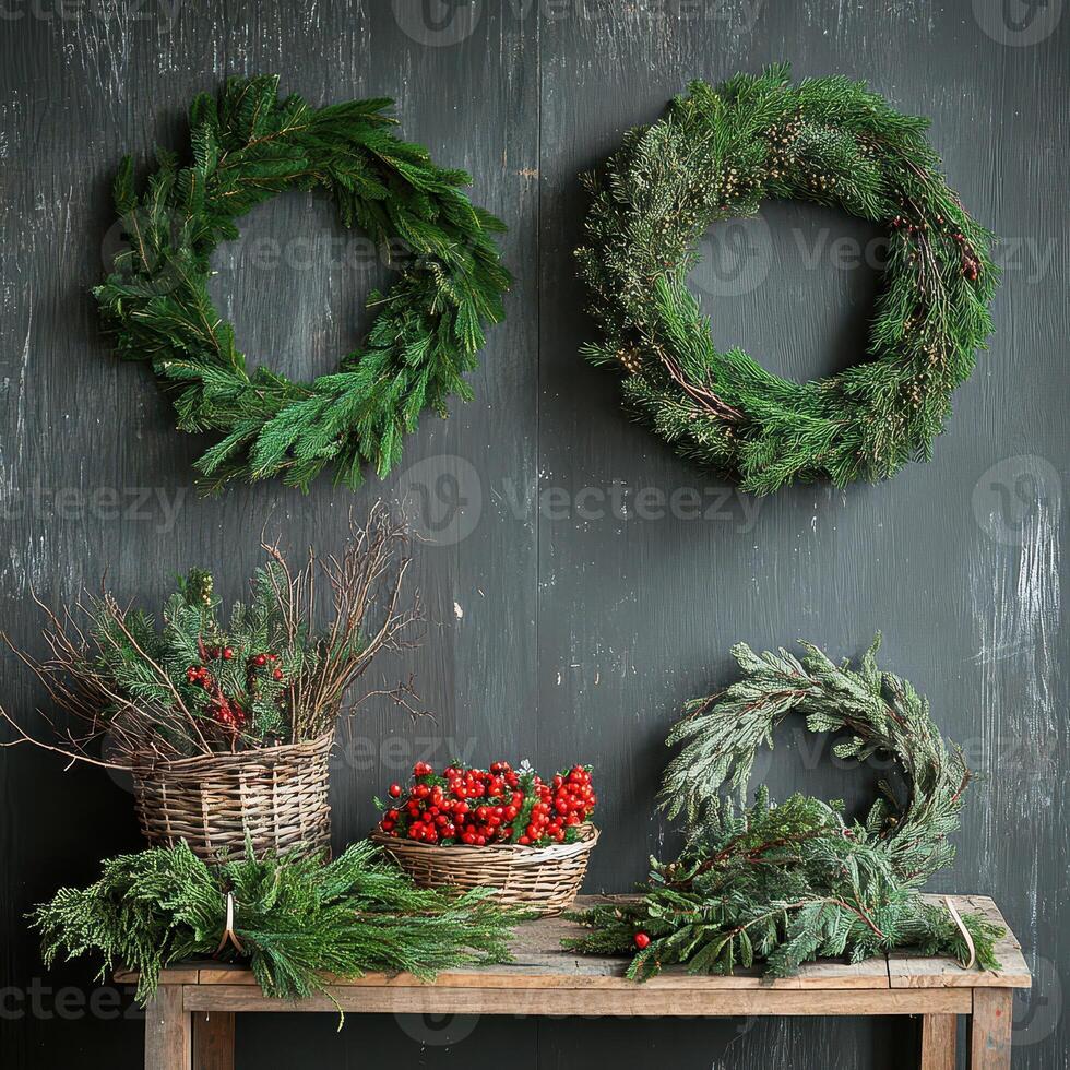 Fresh greenery decorative wreaths hanging photo