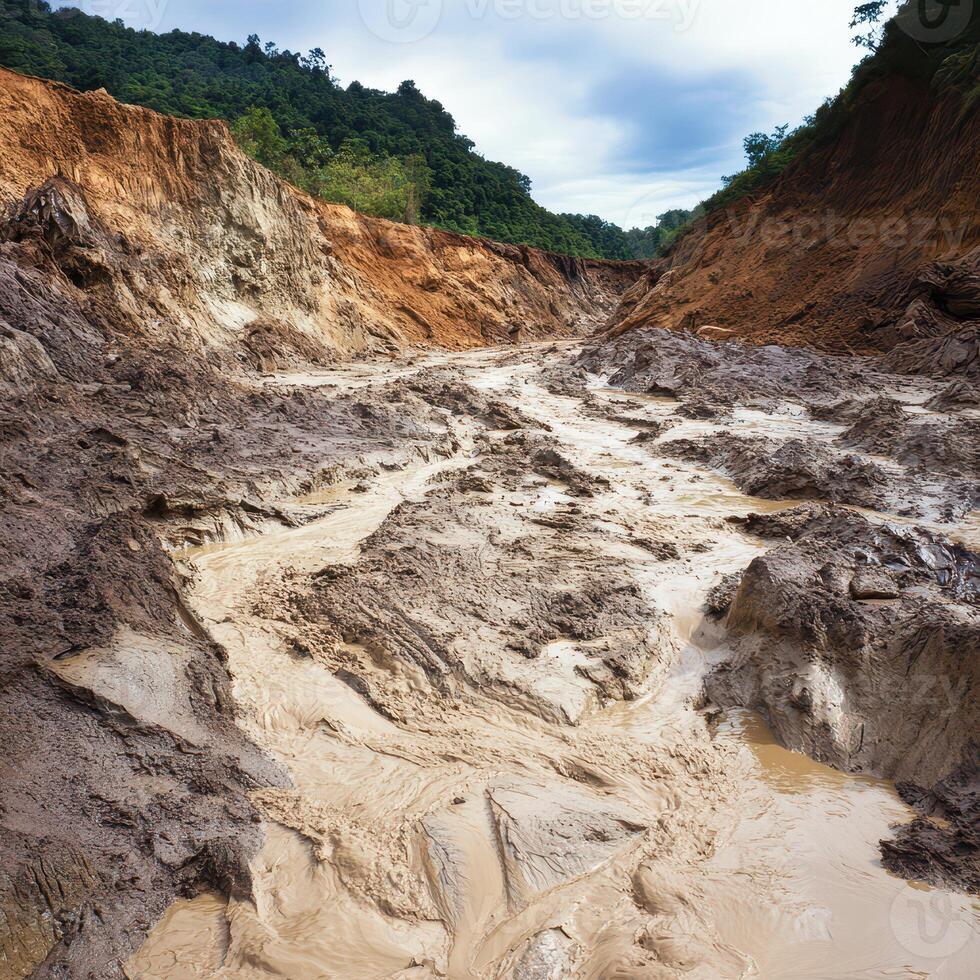 Eroded landscape reveals muddy riverbed photo