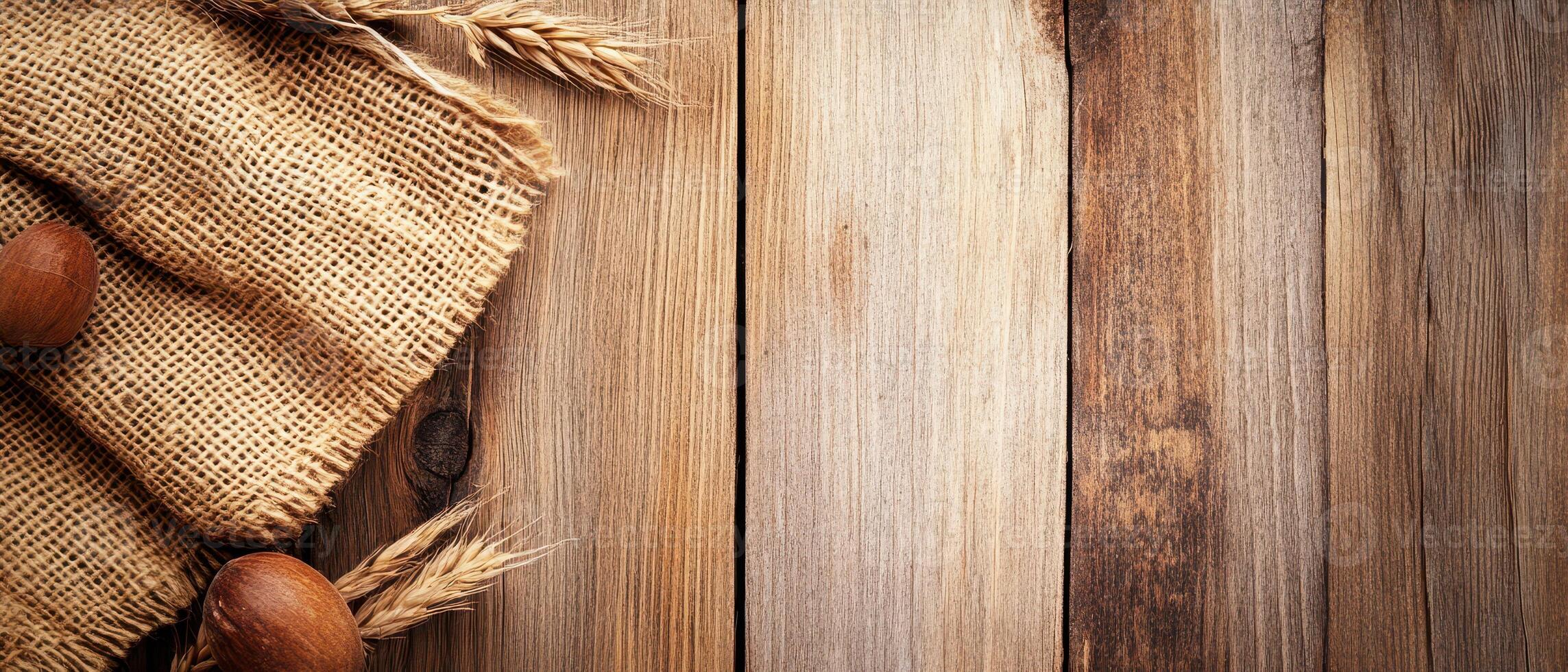 Rustic wooden background with burlap and grains photo