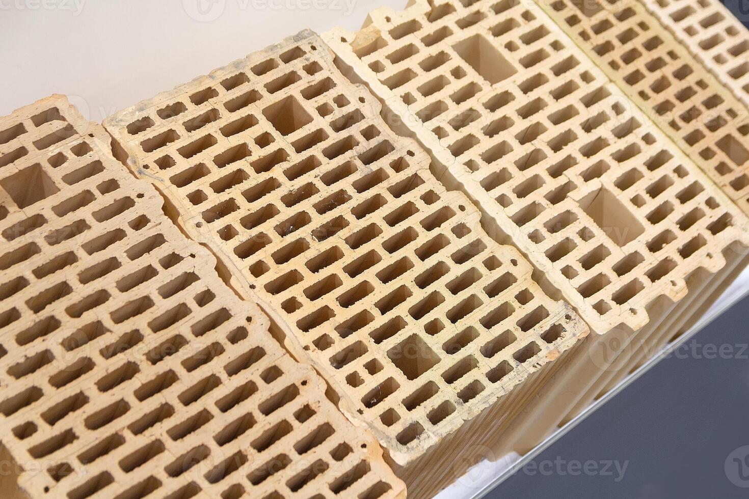 Bricks on the window of a construction store close-up photo