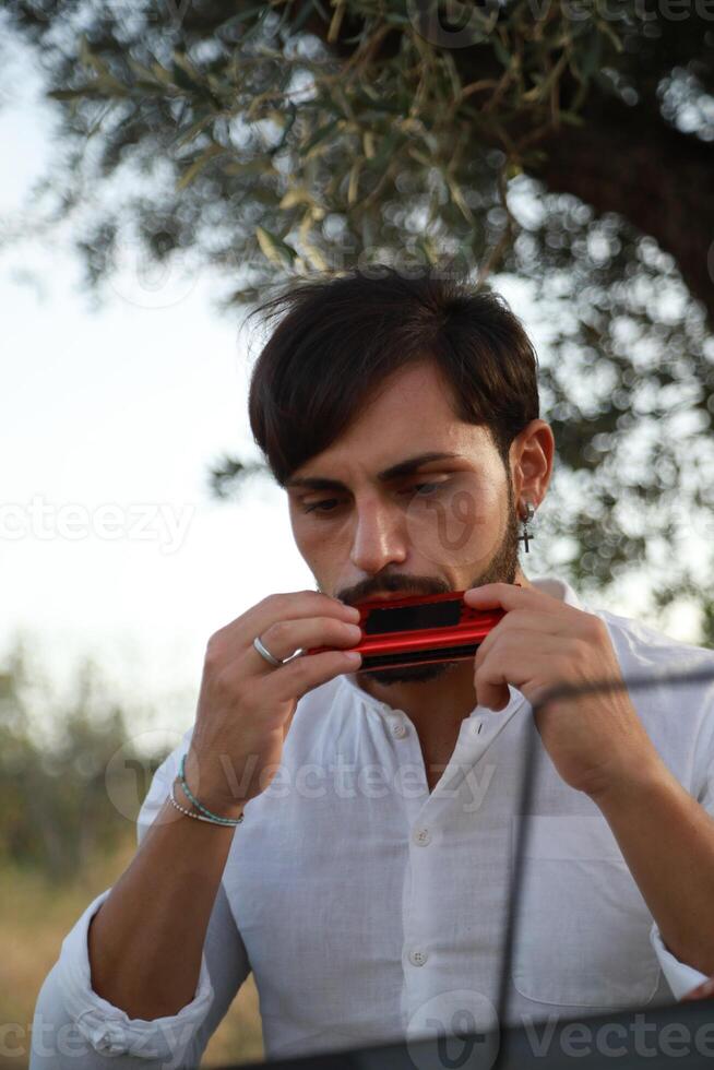 Boy Plays Music With Harmonica And Keyboard The Olive Trees Of Calabria Outdoor photo