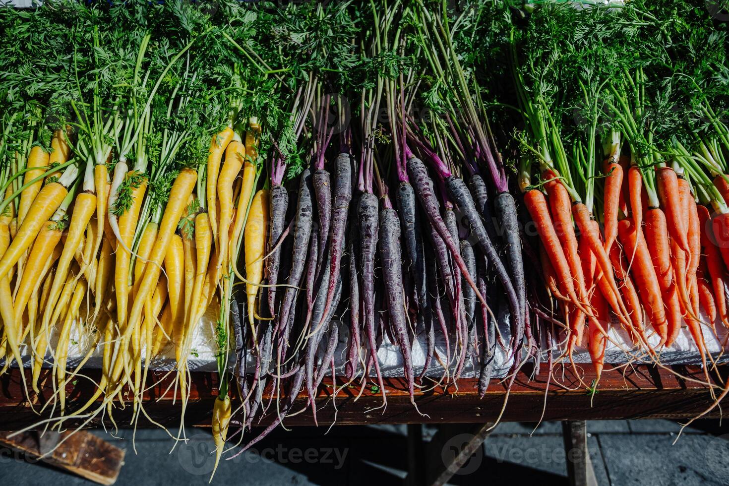 Freshly harvested heirloom carrots in yellow, purple, and orange, arranged in rows with green tops still attached. Displayed at an outdoor market table, ideal for content on healthy eating photo