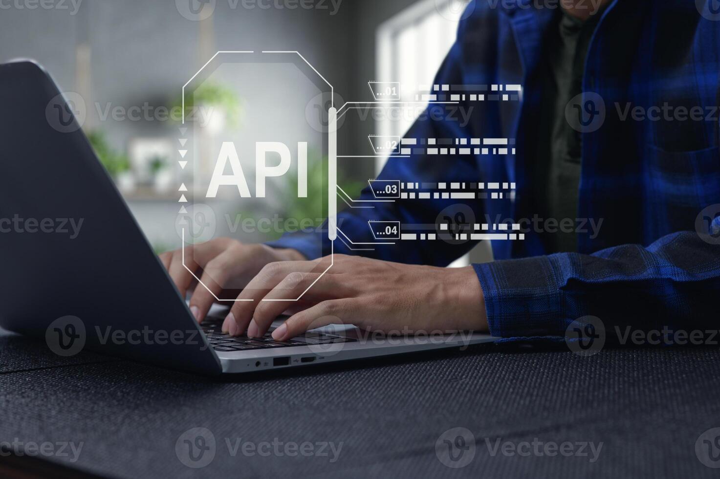 Business Person Working on Laptop with API Interface Visualization photo