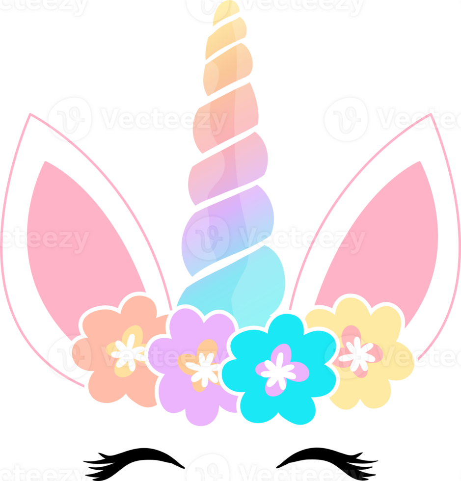 Unicorn with multicolored horn and flower crown png