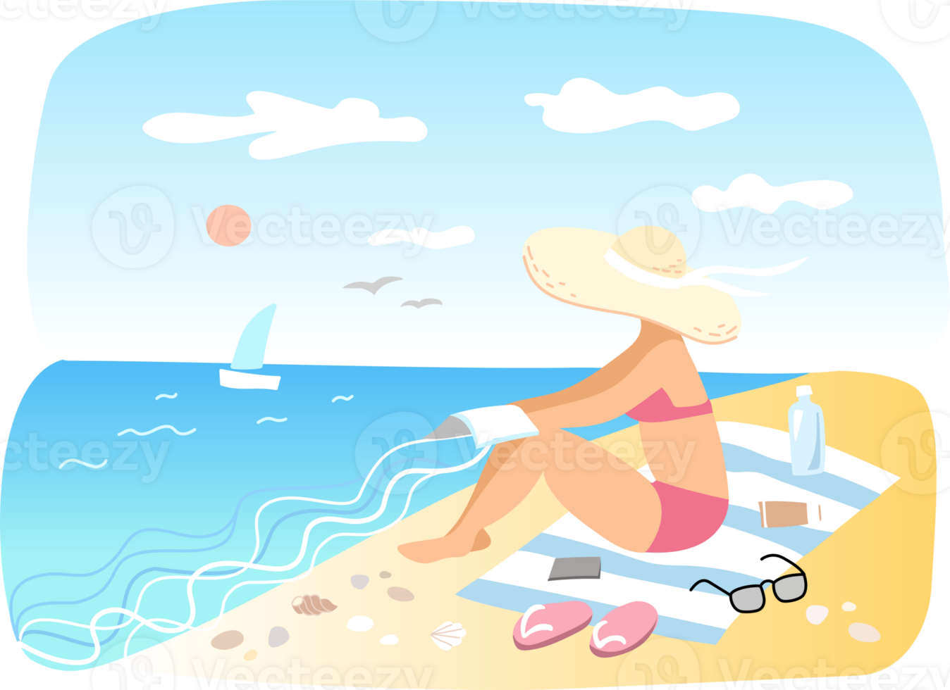 Woman sunbathing on the sea beach png