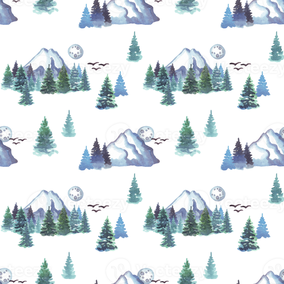 Forest and mountains landscape. Seamless pattern png