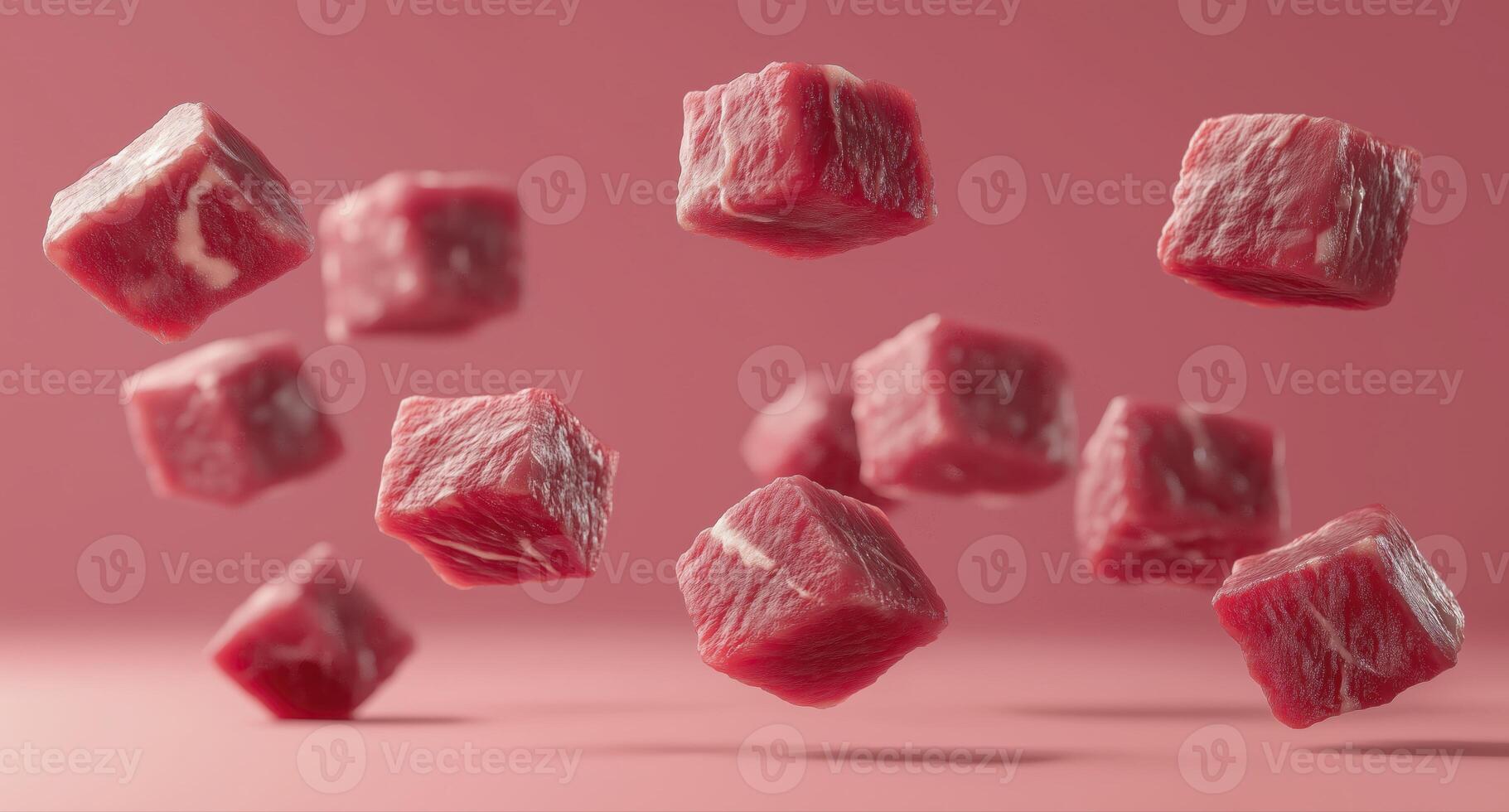 Raw beef cubes flying in air isolated on pink background photo