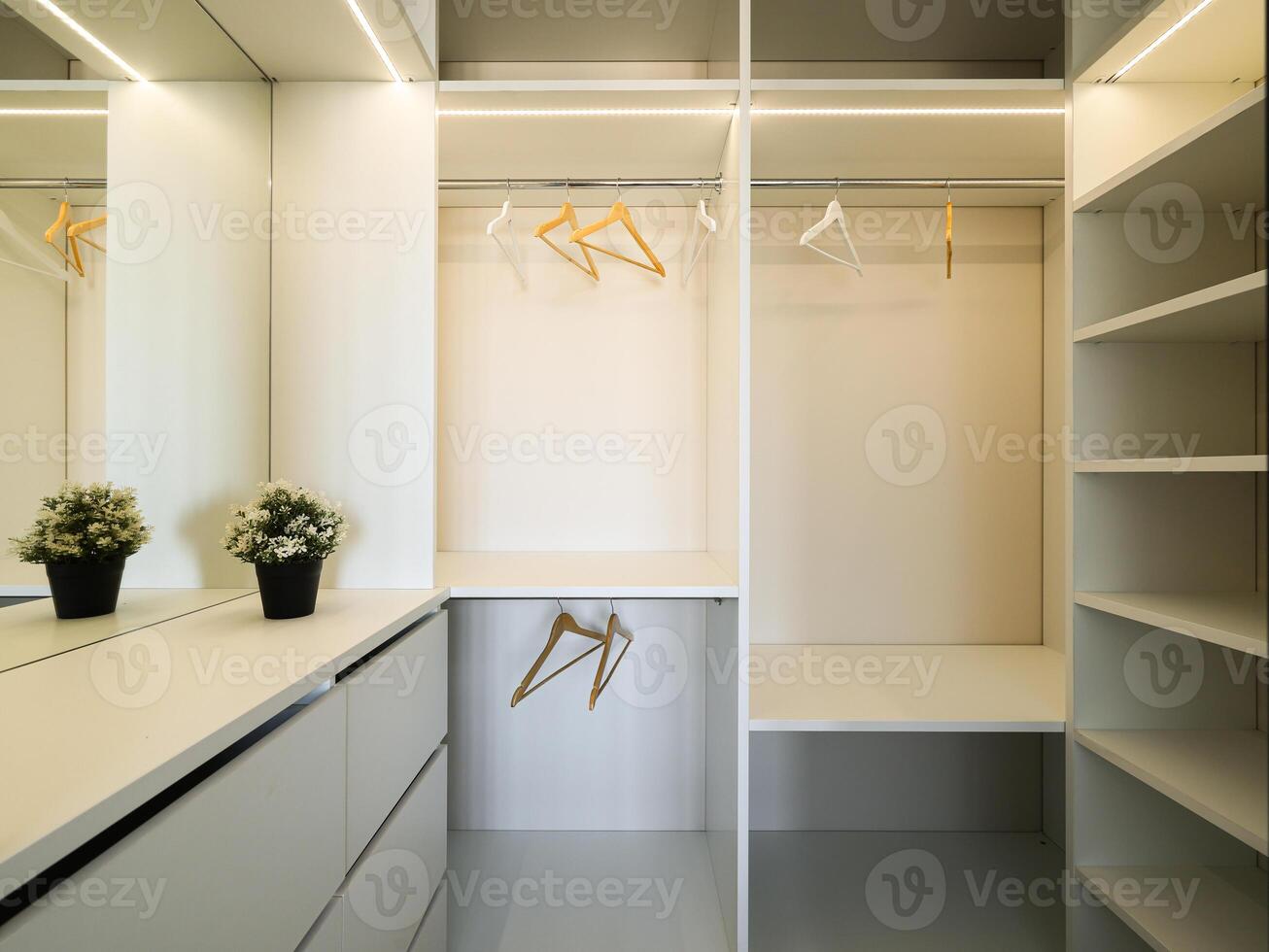 A Modern and Minimalist style Walkin Closet featuring Shelves, Hangers, and Organizers photo
