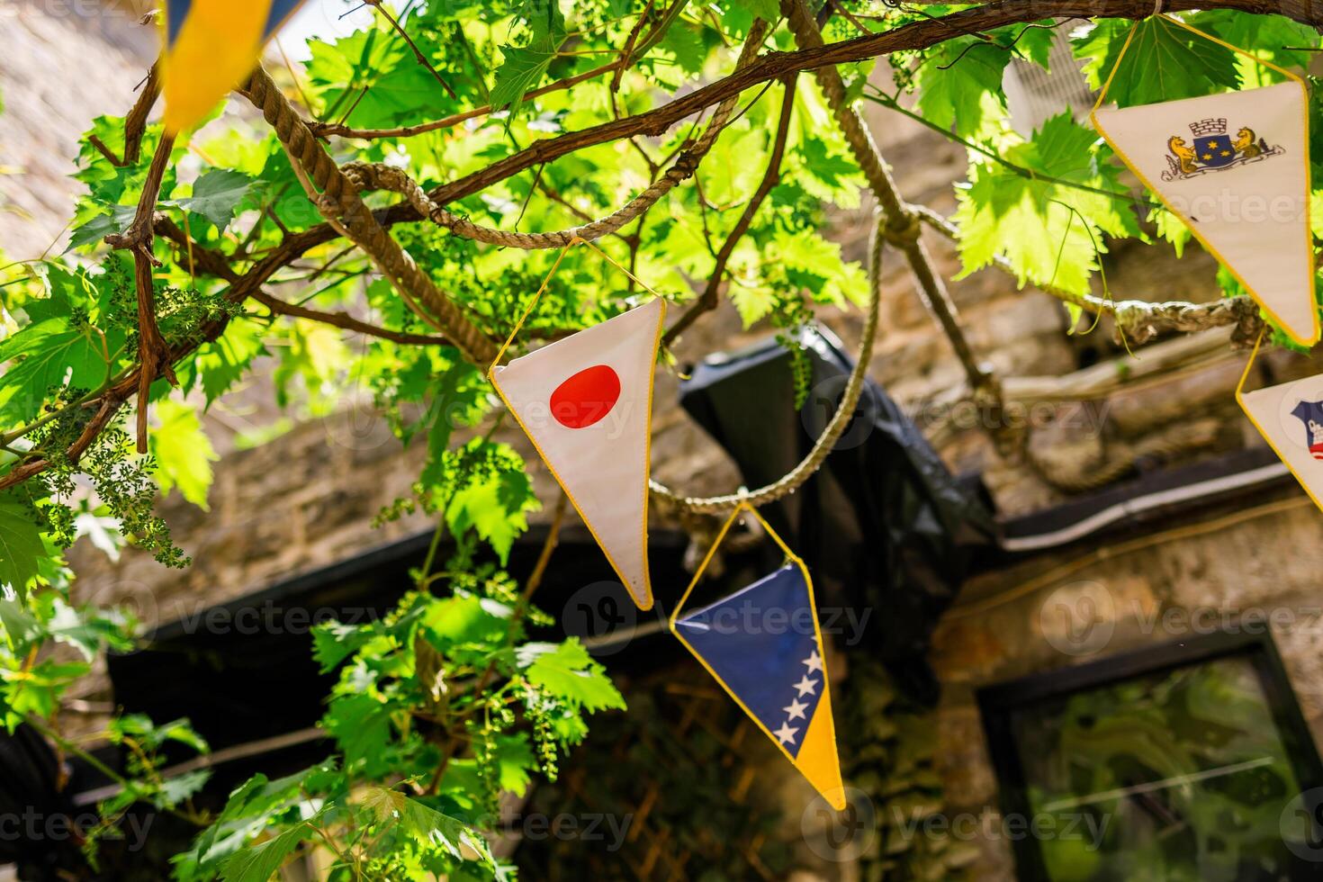 Colorful triangular flags Japan and Bosnia and Herzegovina hanging on a vine-covered patio. Outdoor decoration, international celebration, and summer terrace ambiance. photo
