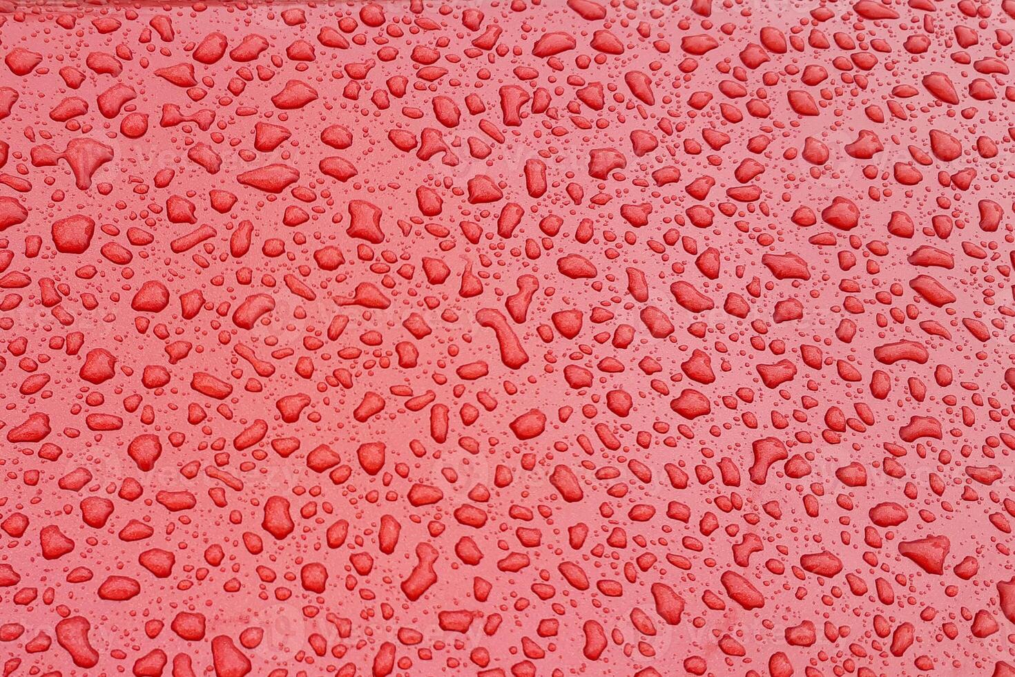 Rain droplet on red surface. Background or texture. photo
