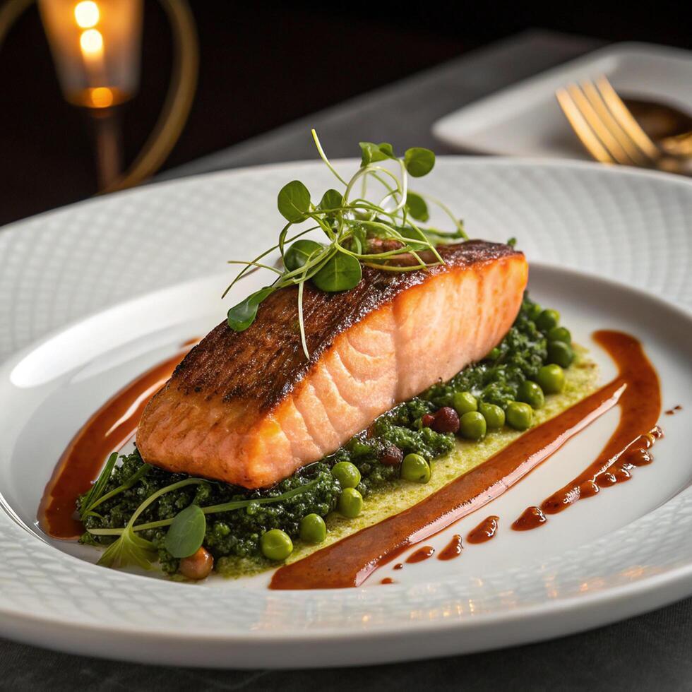 A plate of salmon with greens and sauce on it photo