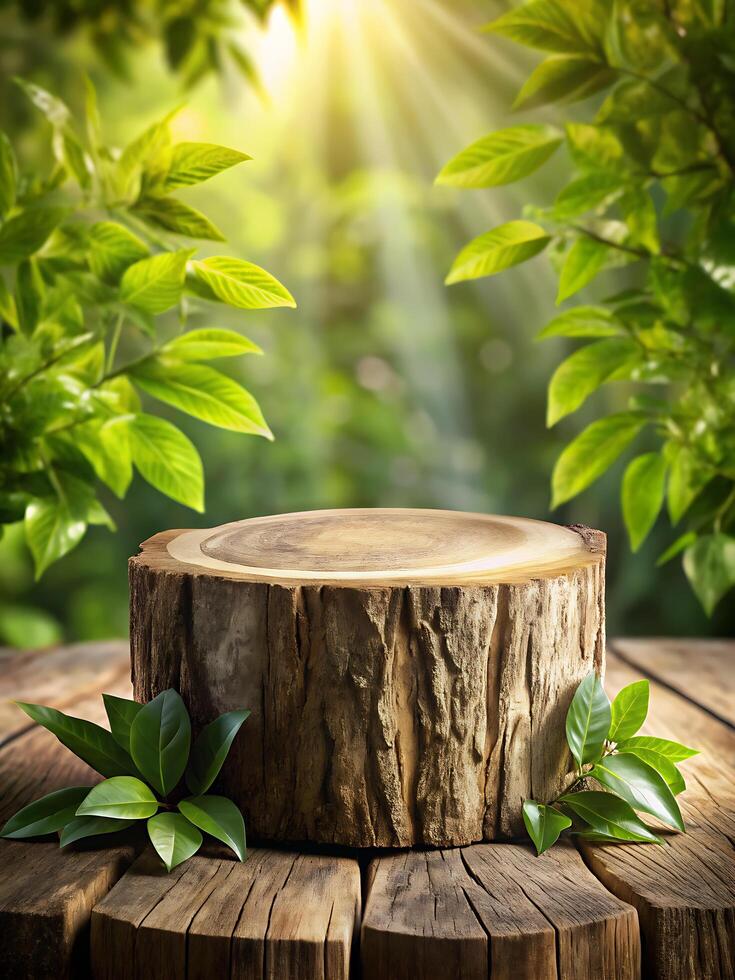A wooden stump on a table with green leaves photo