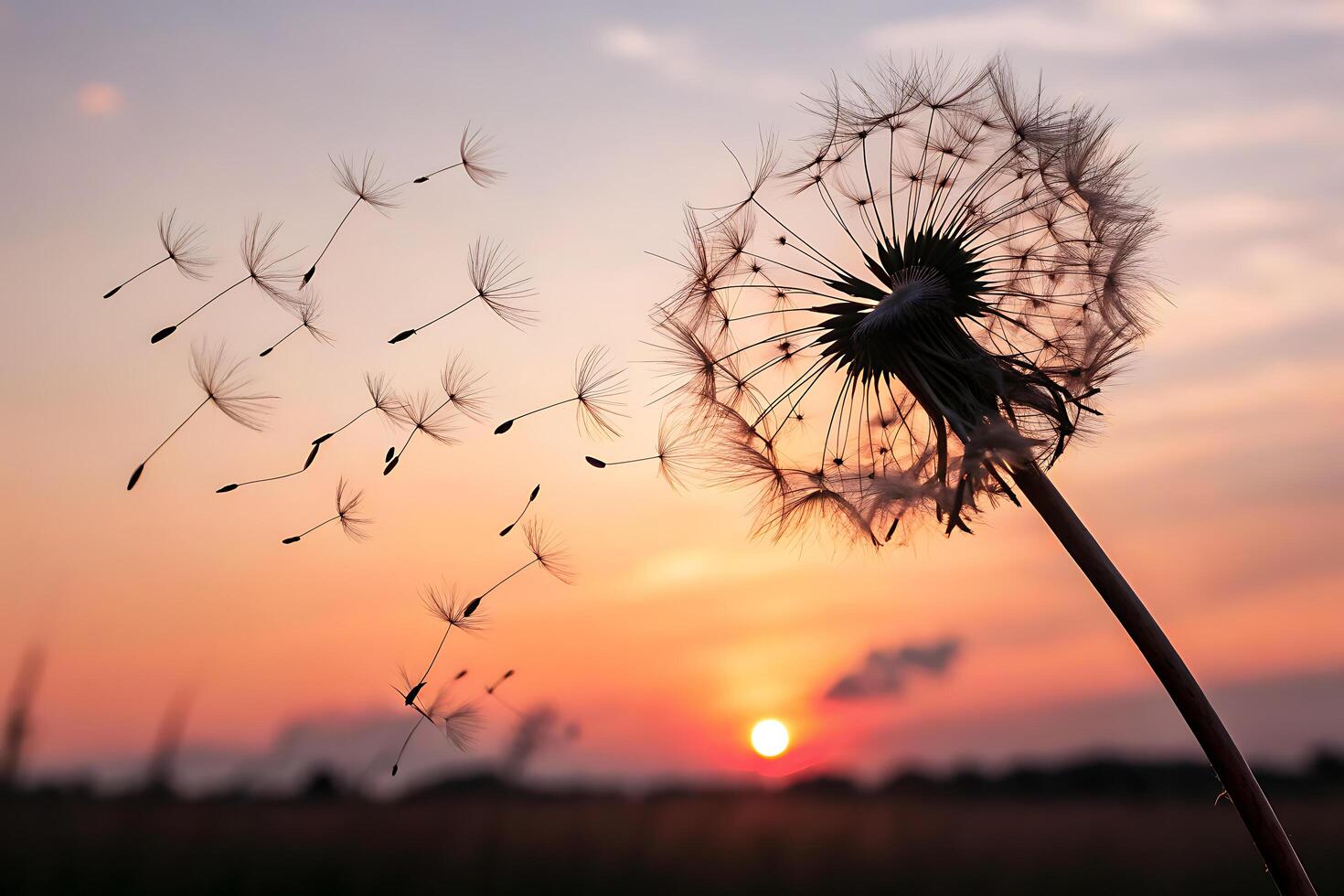 Dandelion blowing seeds in the wind at sunset photo