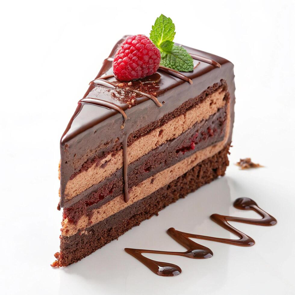 A piece of chocolate cake with a raspberry on top photo