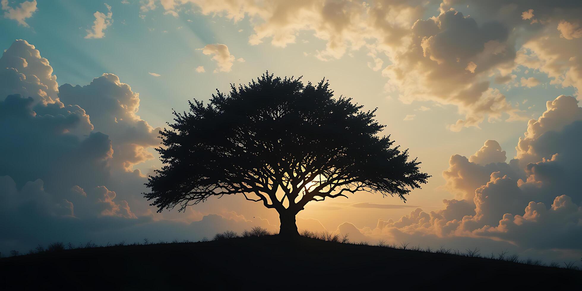 A tree stands on a hill with the sun setting behind it photo
