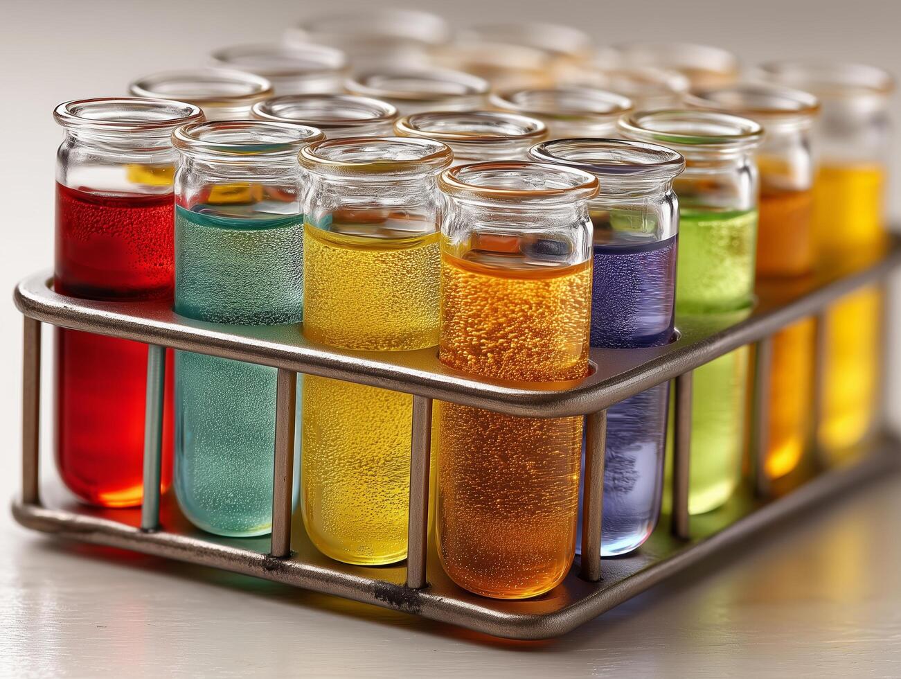 A metal tray filled with test tubes of different colors photo