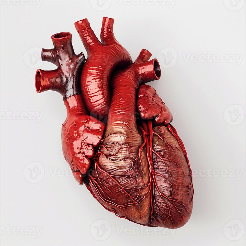 Red leather glove holding a human heart on a white background photo