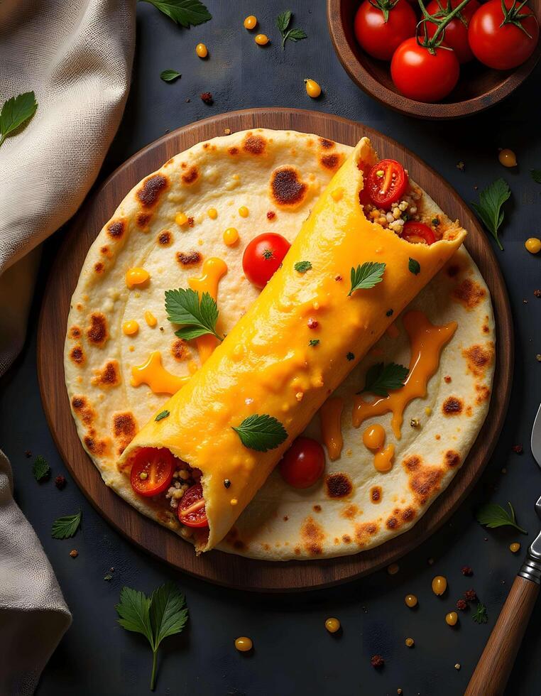 Chicken and cheese burrito on a plate with tomatoes and herbs photo