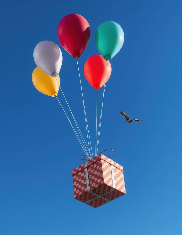 a box with balloons and a bird flying over it photo