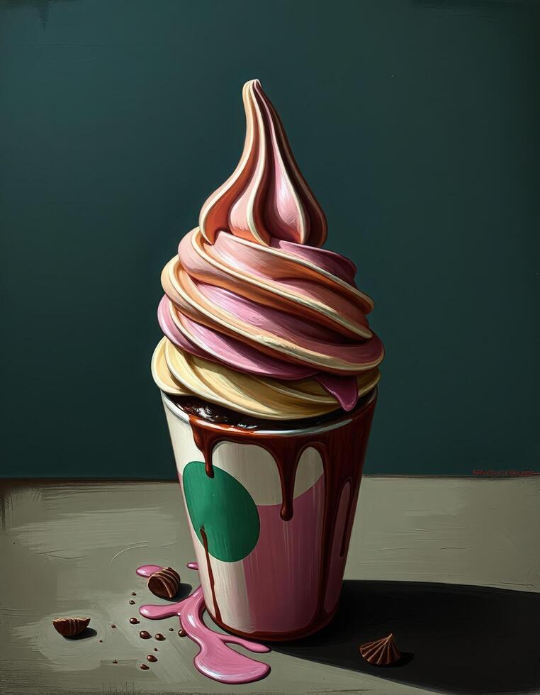 a painting of an ice cream cup with chocolate and pink icing photo