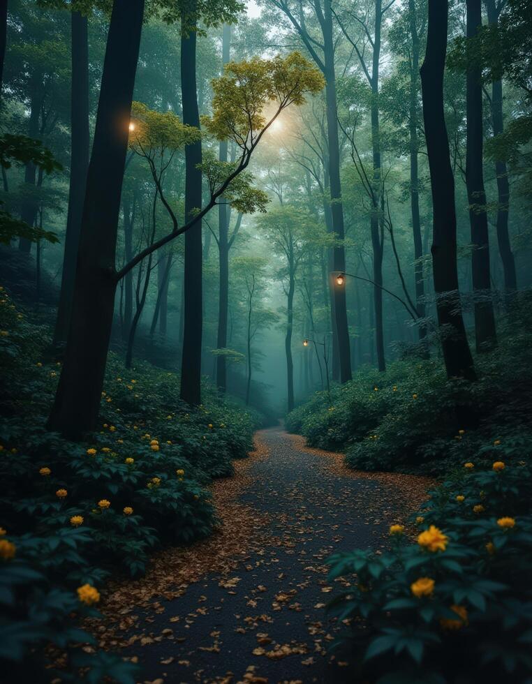 a path through a forest with trees and flowers photo