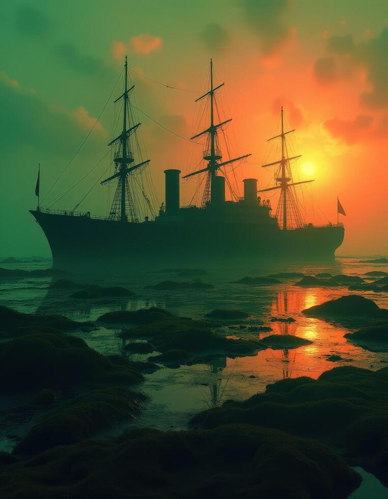 a ship is in the ocean at sunset photo