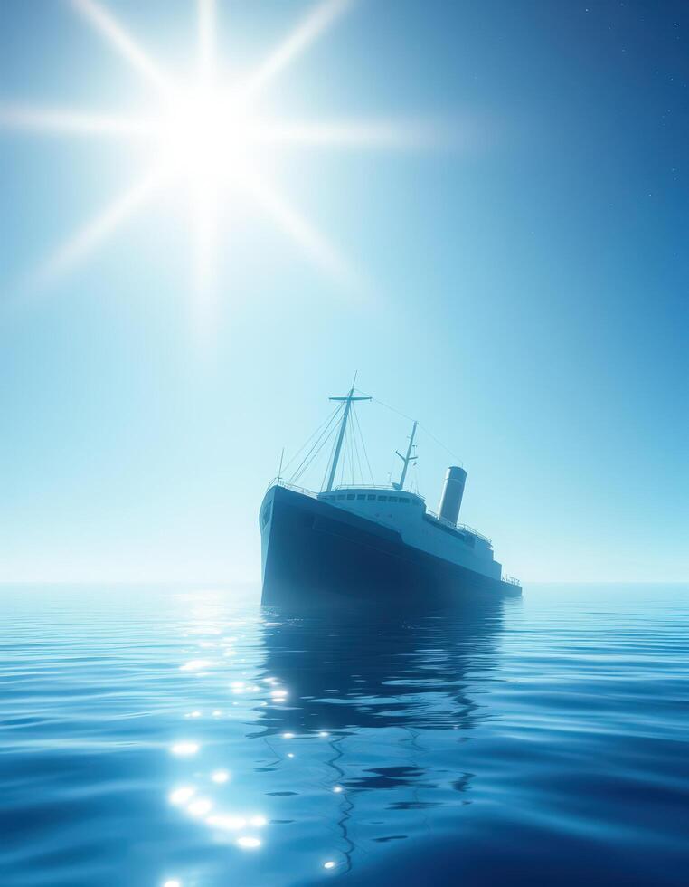 a ship floating in the ocean with the sun shining photo