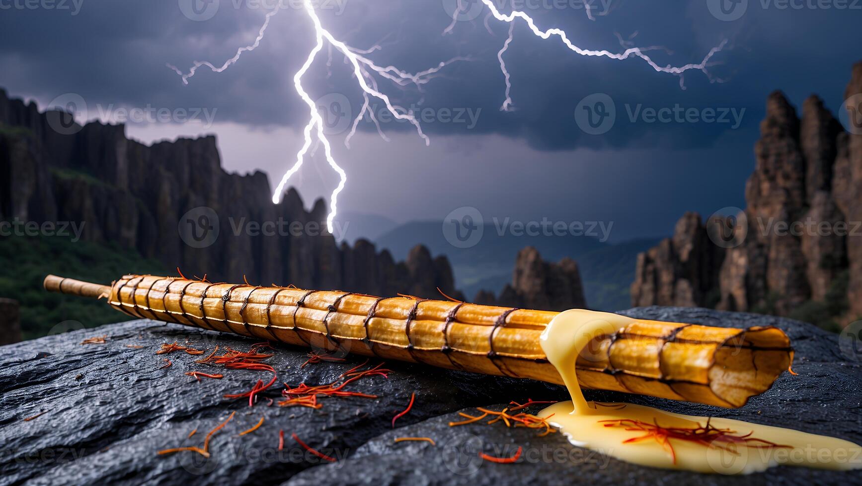 Dessert Presentation with Saffron and Cheese Sauce on Stone Against Storm photo