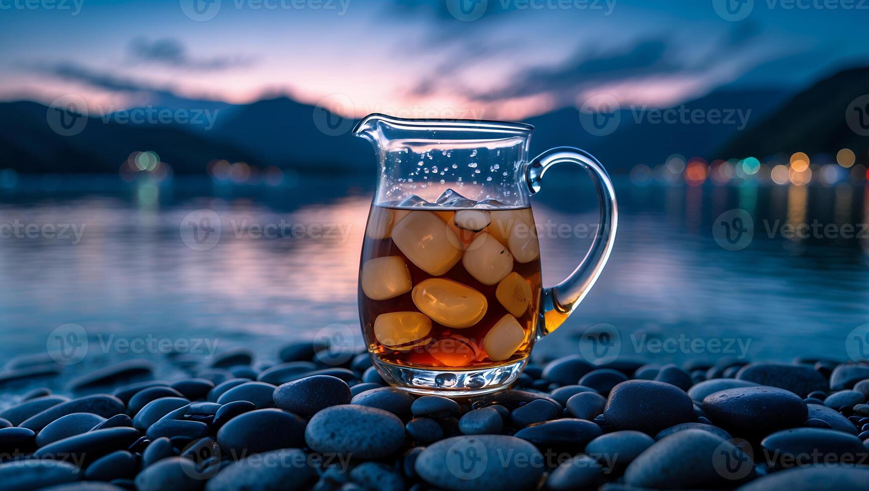 Iced Tea Pitcher on Pebble Beach at Dusk with Tranquil Water photo