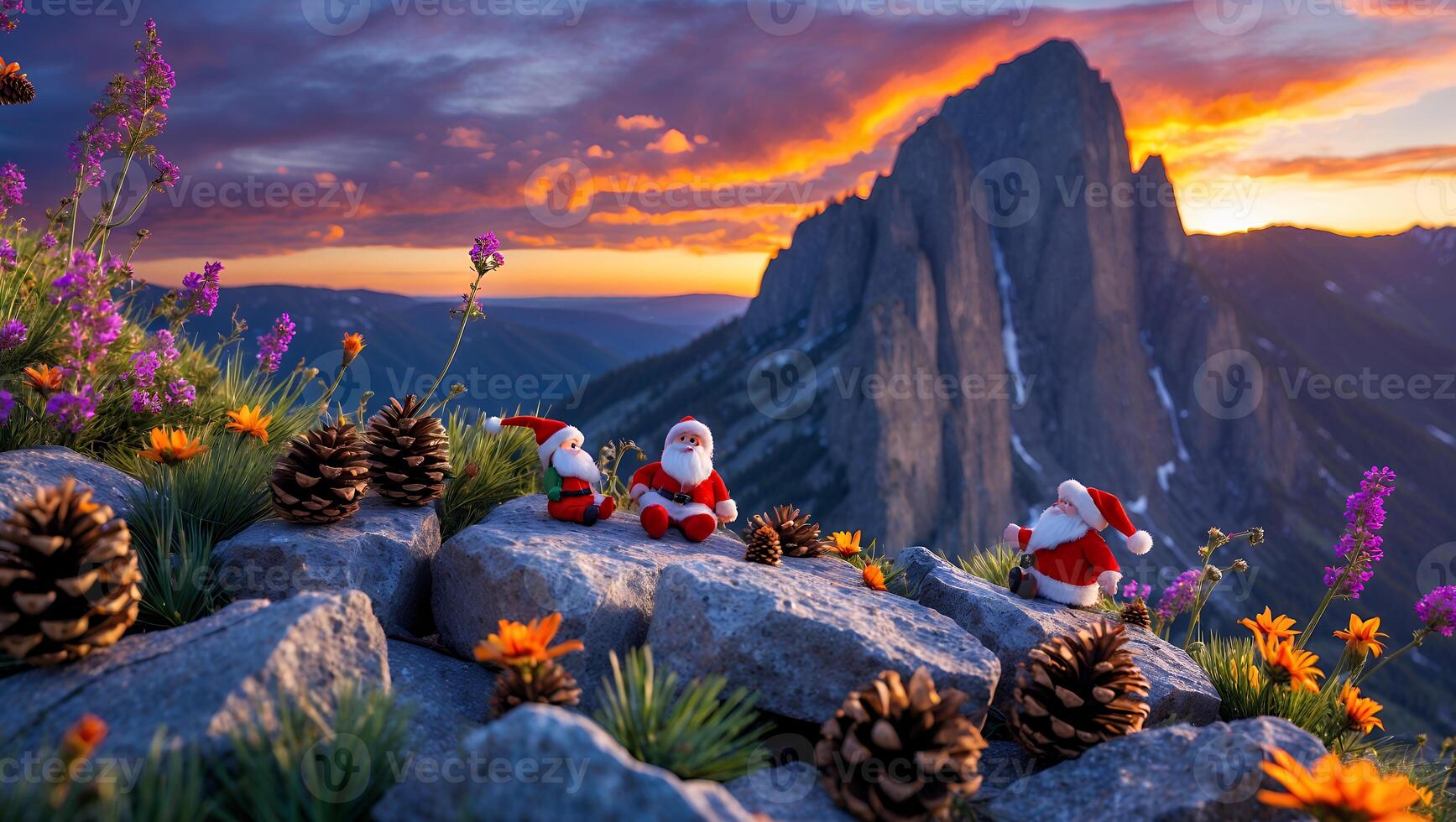 Santa Figures on Rocky Terrain with Sunset Mountain Landscape photo