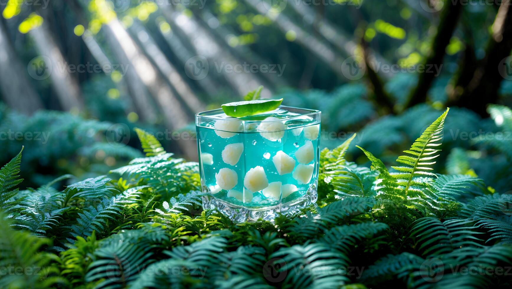 Refreshing Blue Cocktail in Glass with White Cubes Amongst Ferns Outdoors photo