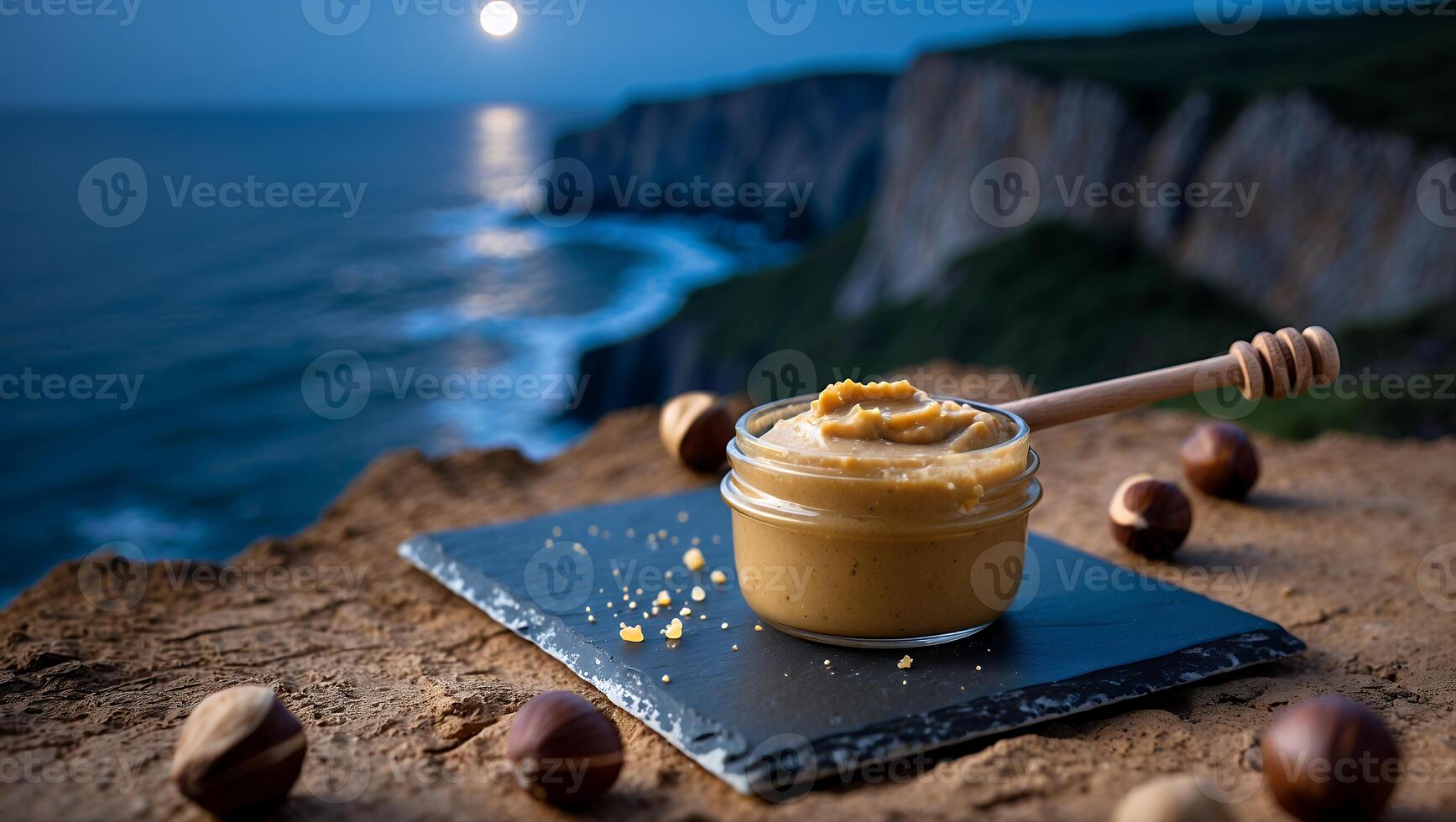 Nut Butter Jar with Honey Dipper on Cliff Overlooking Ocean photo