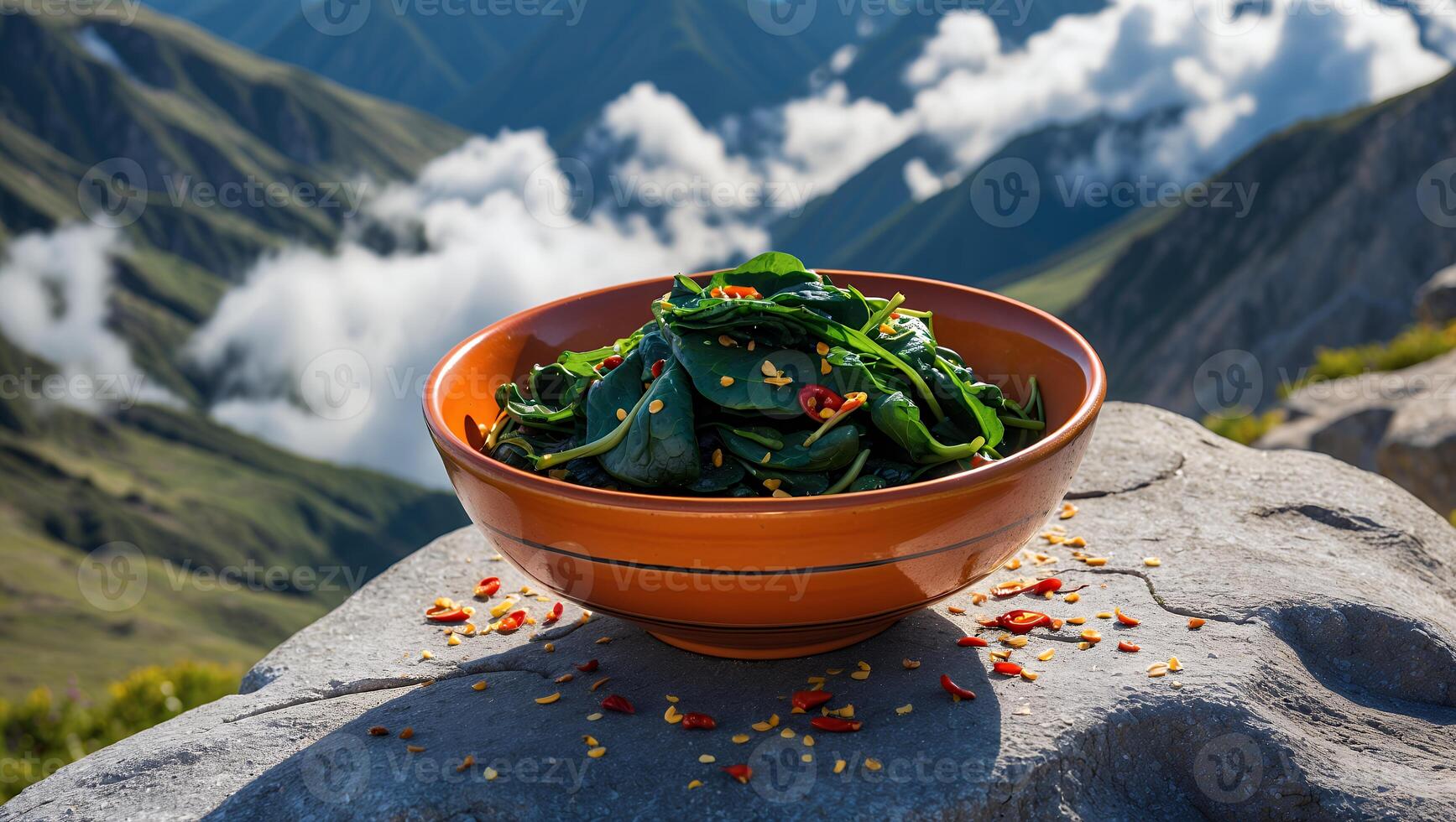 Spinach Bowl Garnished with Pepper Flakes Against Mountain View Background photo