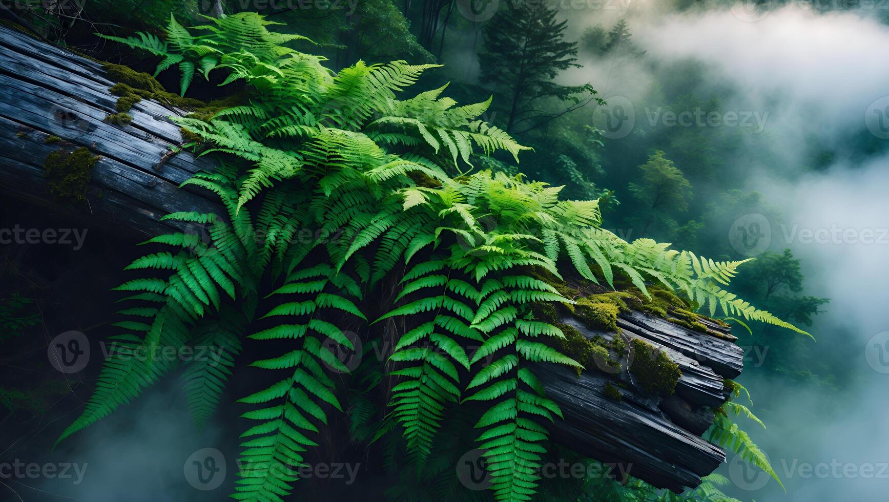 Ferns Growing on Log in Foggy Forest Creates Misty Scene photo
