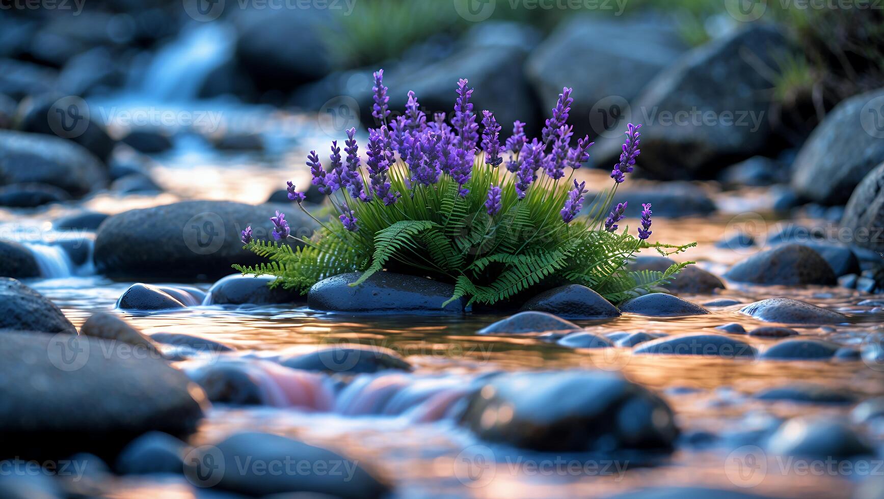 Lavender Flowers Growing in Rocky River with Reflections on Water photo
