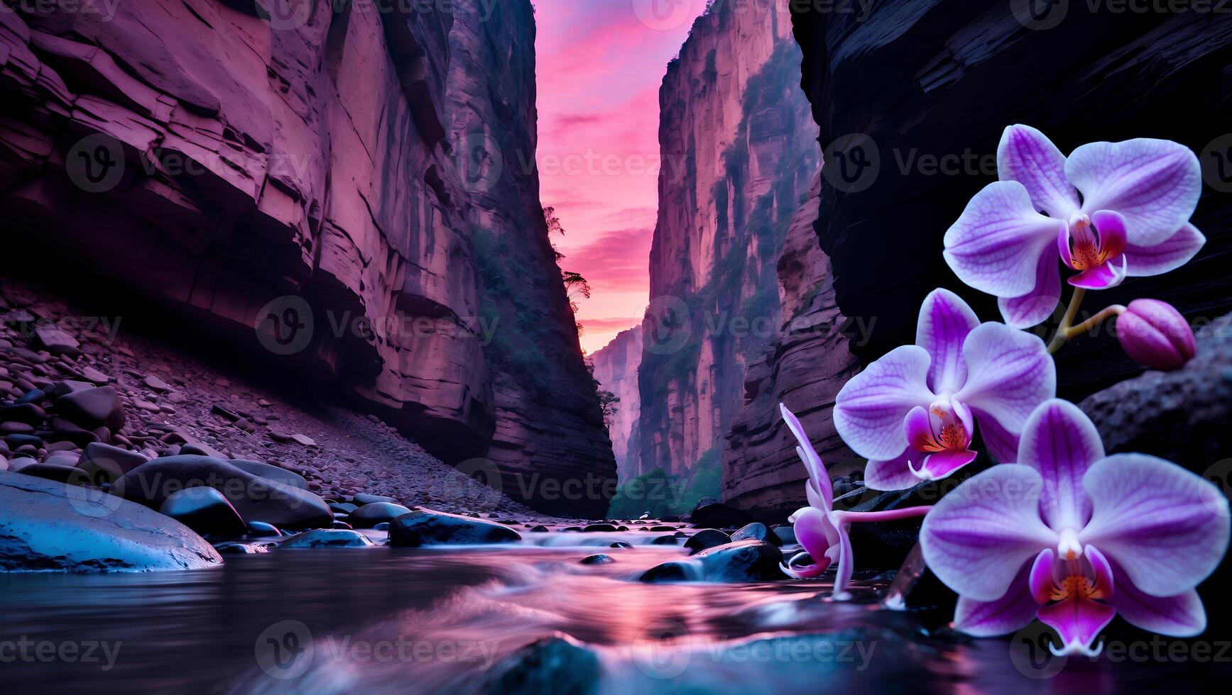 Orchid Blooms Overlooking a Stream Flowing Through a Rocky Canyon photo