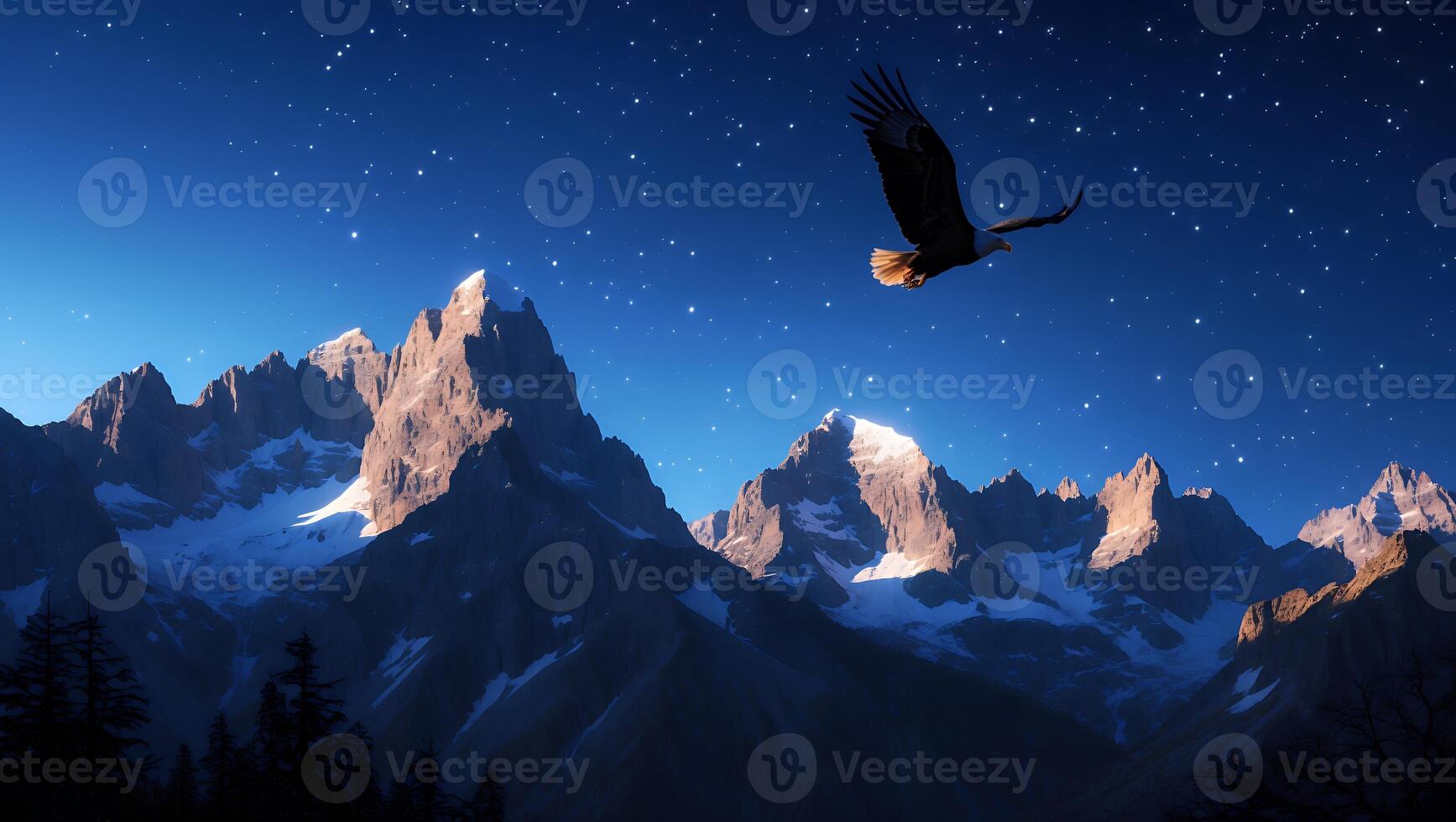 Eagle Flying Above Snowy Mountains Under a Starry Night Sky photo
