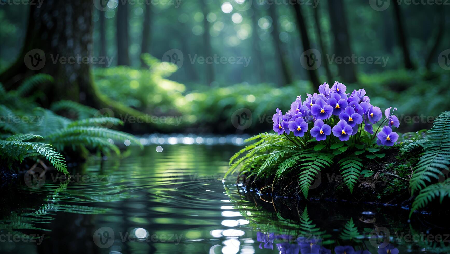 Purple Flowers Bloom by Forest Stream Reflecting Sunlight and Greenery photo