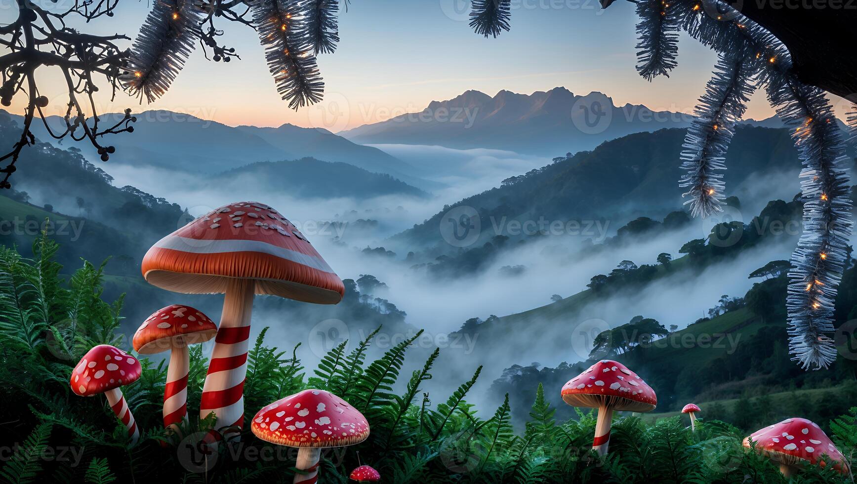 Red Mushrooms in a Foggy Mountain Landscape with Ferns Scenery photo