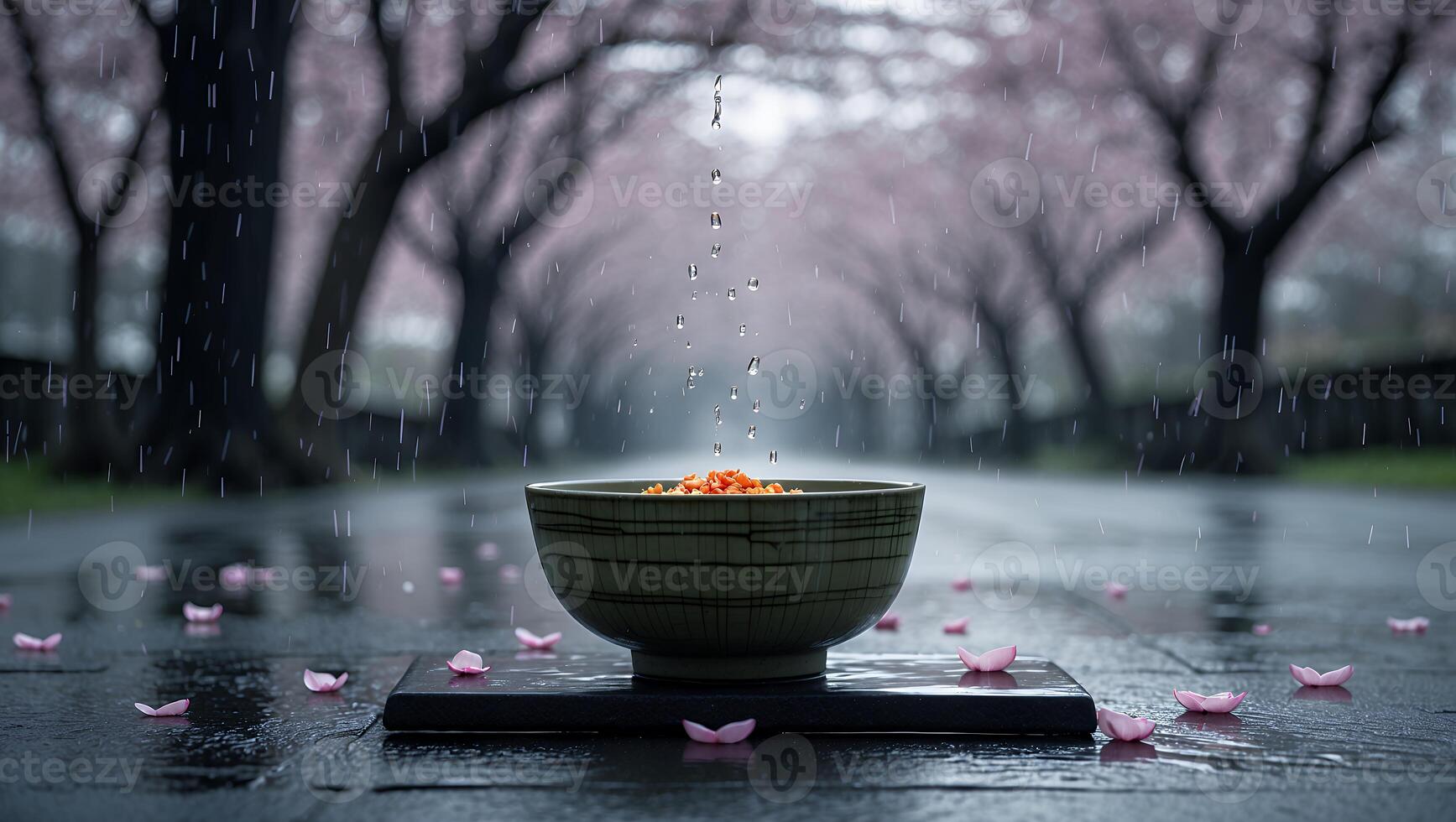 Bowl on Wet Surface with Falling Rain and Cherry Blossoms photo