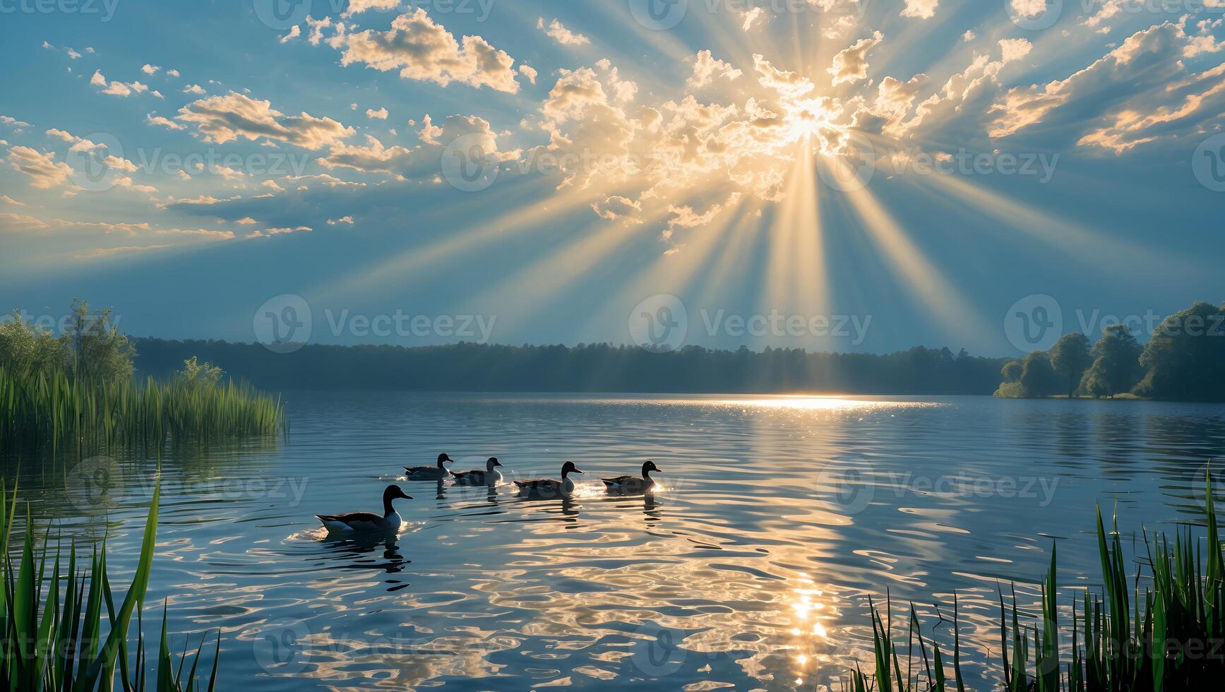 Ducks Swim in Lake Water with Sun Rays Streaming Through Clouds photo