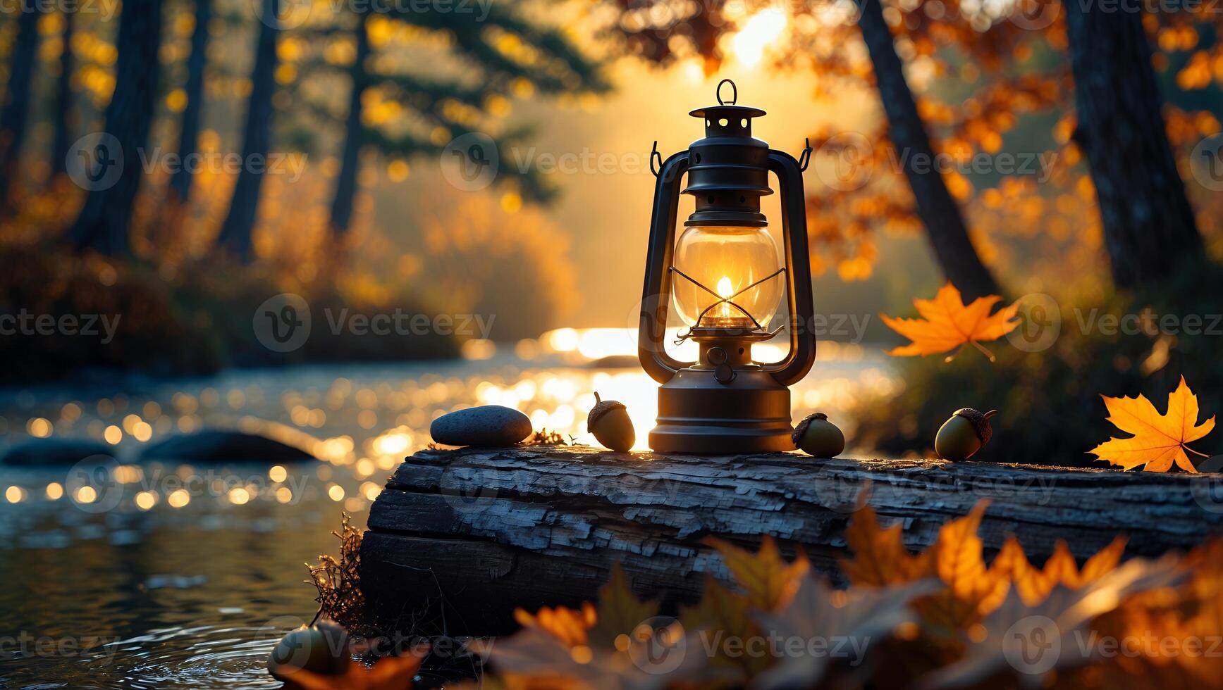 Glowing Lantern by River Log with Autumn Leaves Landscape Scene photo