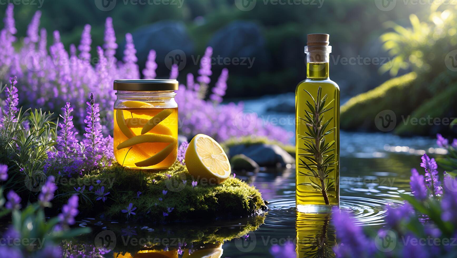 Infused Oil and Lemon Preserves by Stream with Lavender Bloom photo